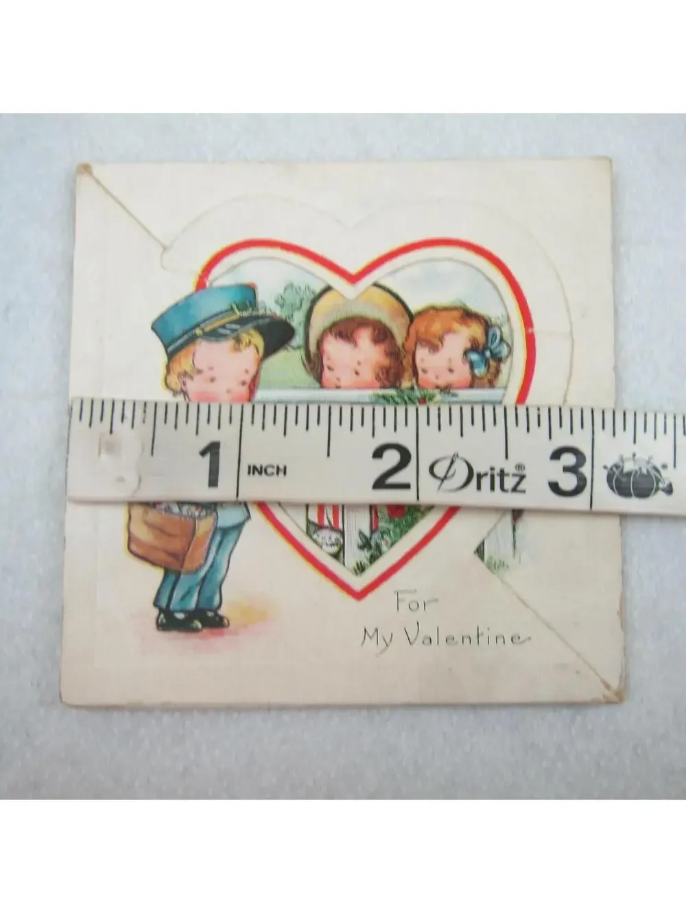 Vintage Valentine Card Foldout Stand Up Postman Boy & Girls at Fence 1920-30s
